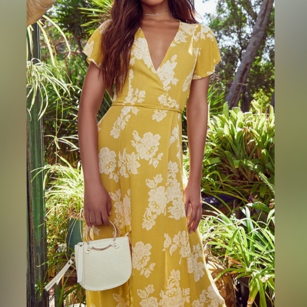 Lulu's Yellow Floral Maxi Dress with Cream Print